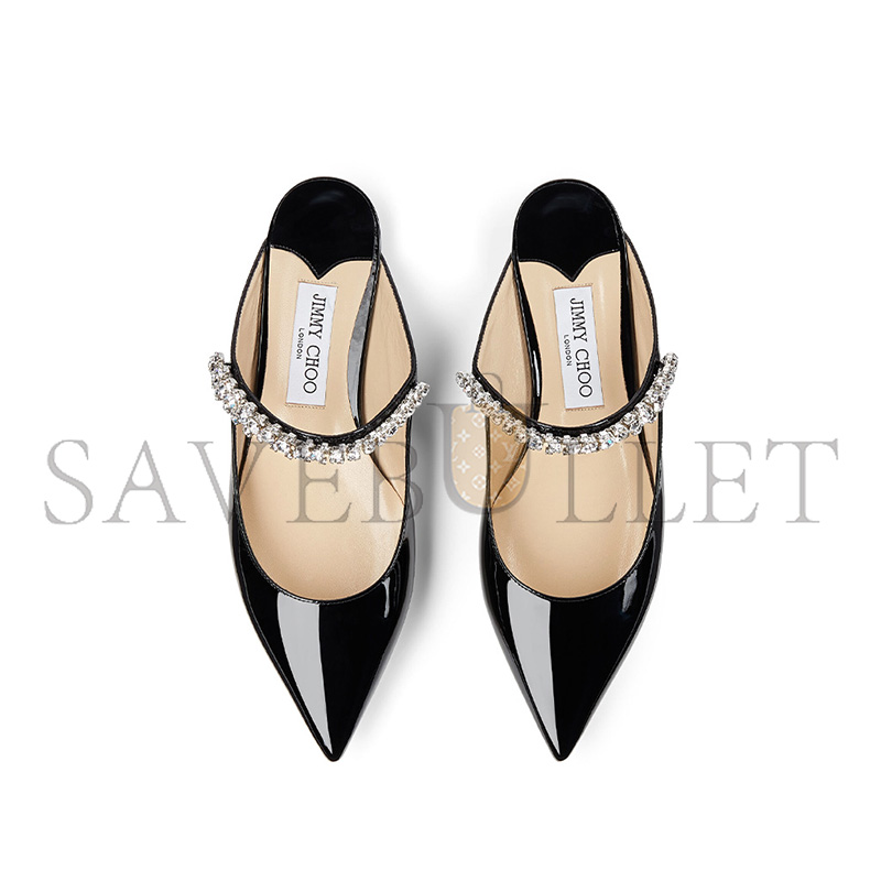 JIMMY CHOO BLACK PATENT LEATHER MULES WITH CRYSTAL STRAP BINGFLATPAT010003